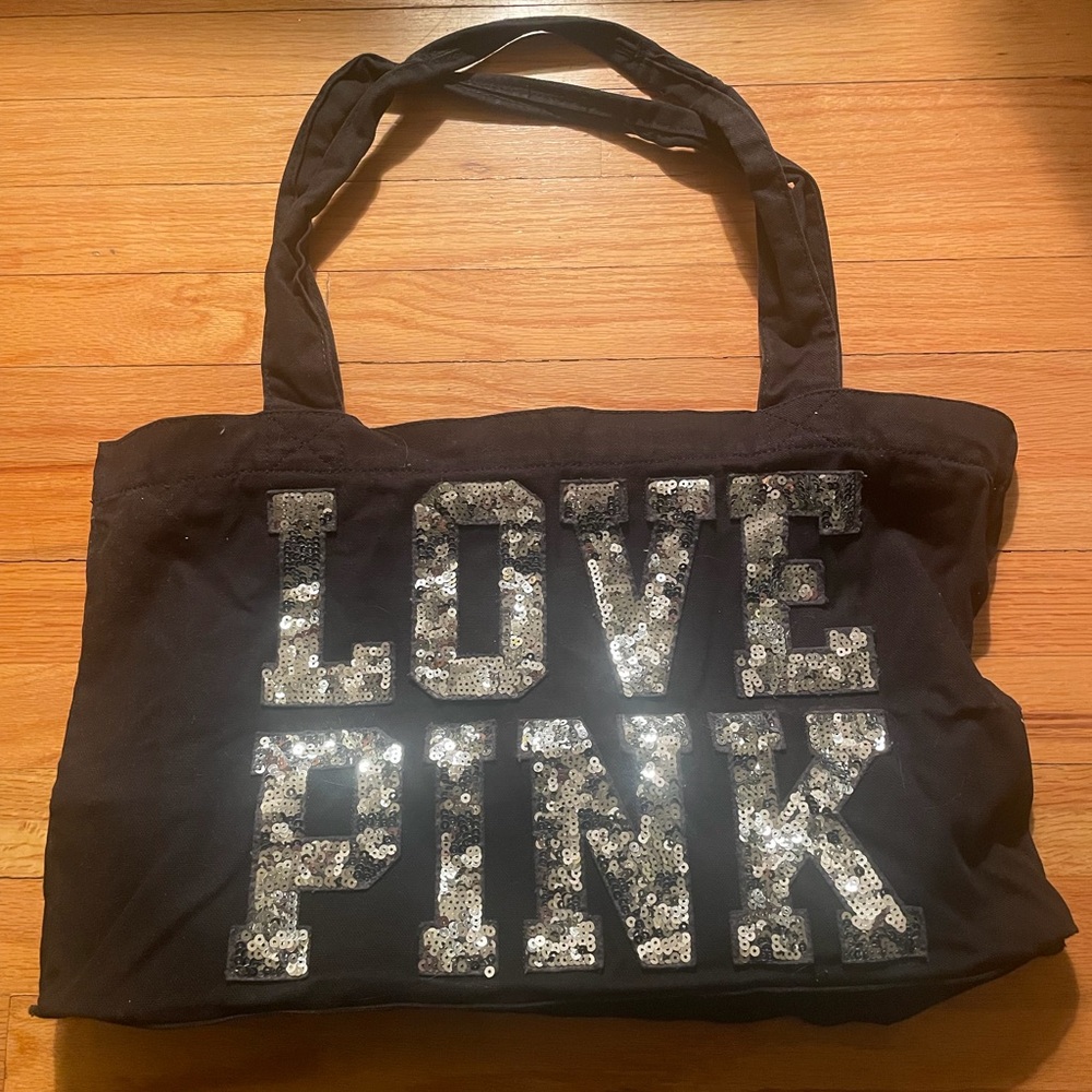 PINK Victoria's Secret Black Tote with Silver Sequins